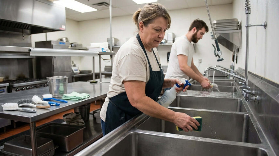 Commercial kitchen staff cleaning a four-compartment sink using stainless steel sink cleaning and maintenance tips