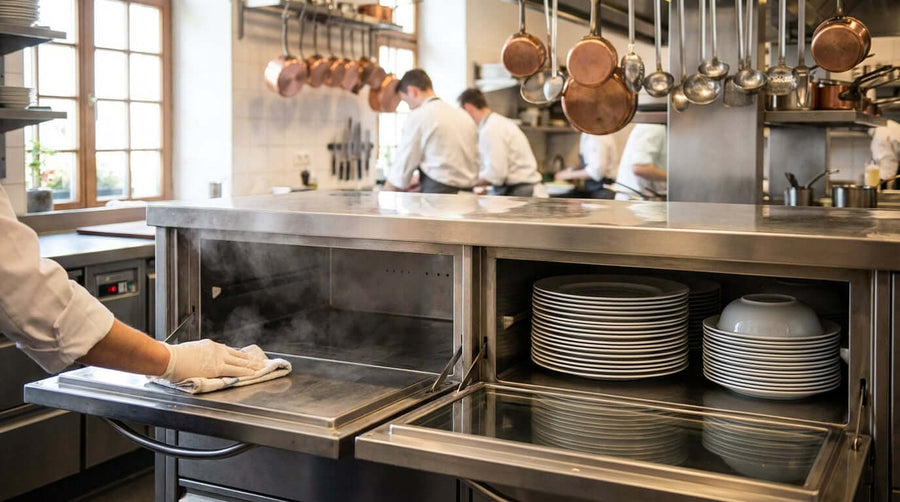 Keep it Hot and Hygienic: A Step-by-Step Guide to Cleaning Your Warming Drawer - chef wiping commercial warming drawer in stainless steel kitchen