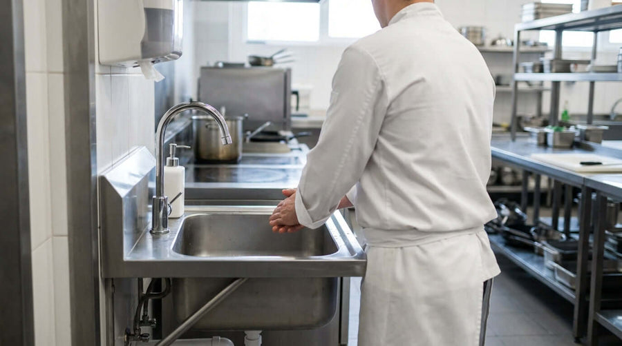Chef washing hands at stainless steel sink in restaurant kitchen, choosing the right commercial hand sink for food safety compliance