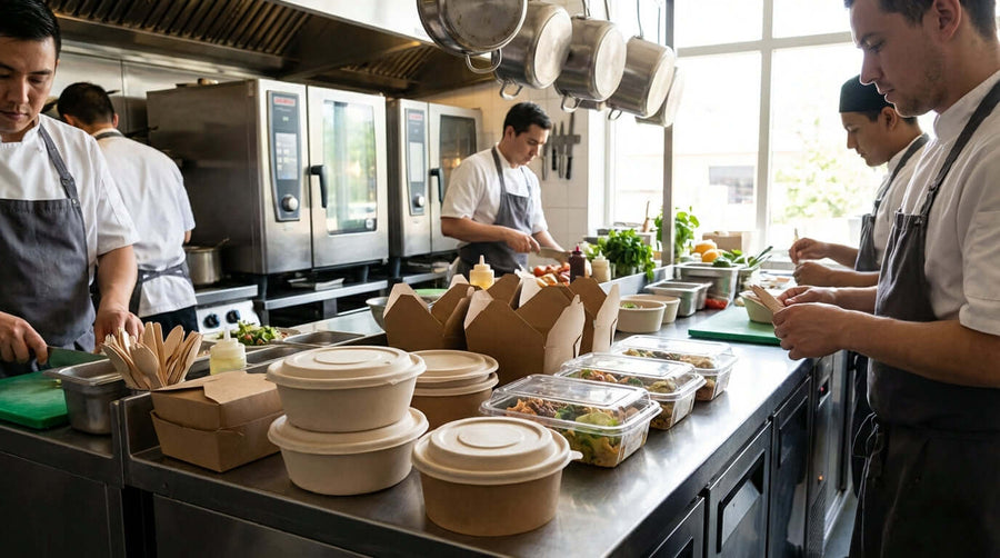Going Green: How to Choose the Right Eco-Friendly Takeout Containers in a commercial kitchen prepping sustainable takeout packaging