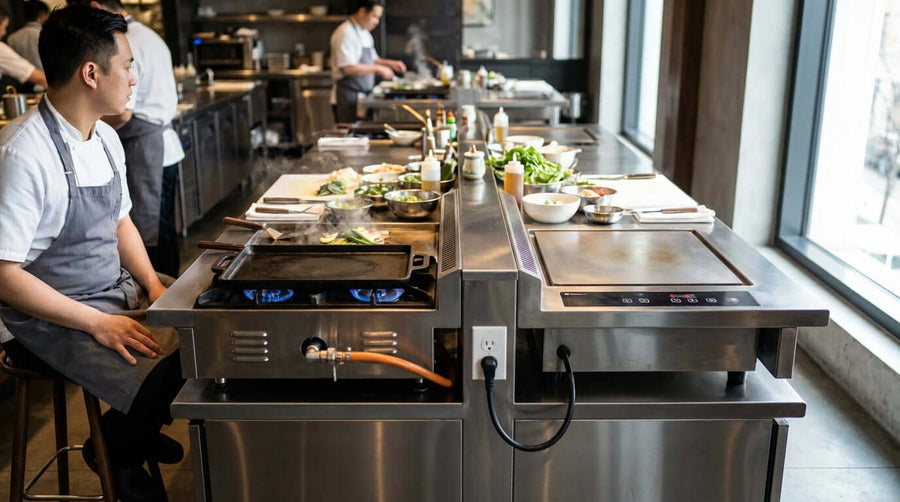 Gas vs. Electric Teppanyaki Griddles: Which is Right for Your Restaurant? chef at teppanyaki station comparing gas flame and electric griddle