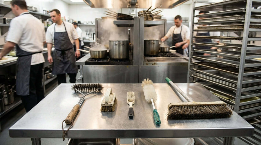 Alt Tag: Choosing Your Arsenal: The 5 Must-Have Cleaning Brushes for Every Restaurant – restaurant kitchen staff with essential cleaning brushes on stainless prep table