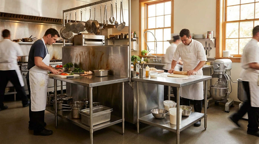 Busy commercial kitchen with chefs using stainless steel work table with backsplash and prep table for efficient food preparation