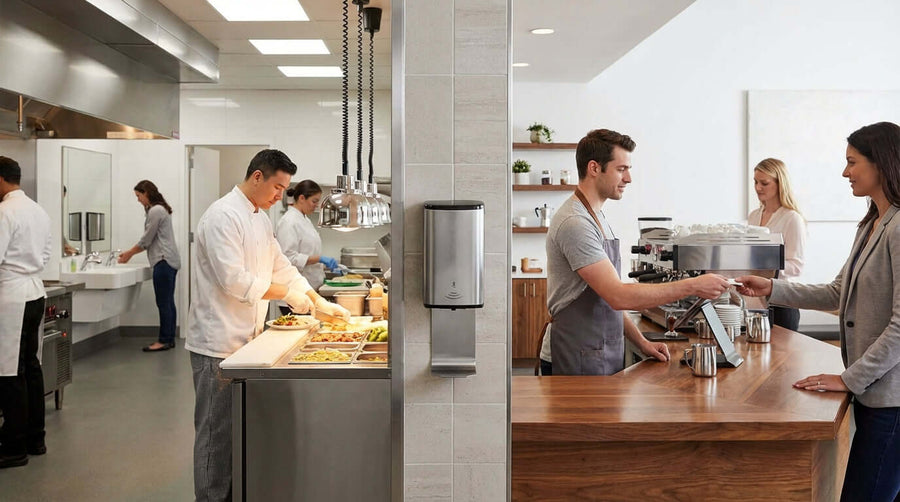 Go Touchless: The Top 5 Benefits of Automatic Dispensers for High-Traffic Businesses automatic dispenser in busy restaurant kitchen and cafe counter