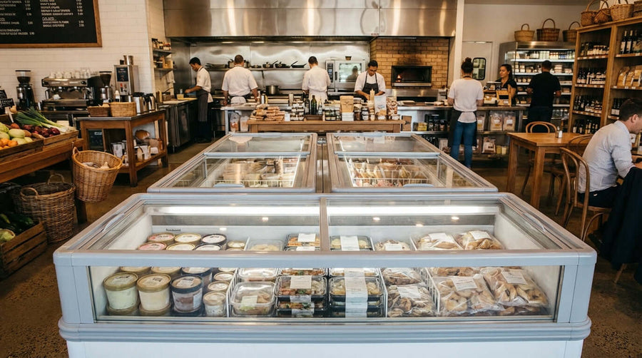 The Ultimate Buyers Guide to Commercial Island Freezers in busy deli with glass-top island freezer displaying packaged frozen foods
