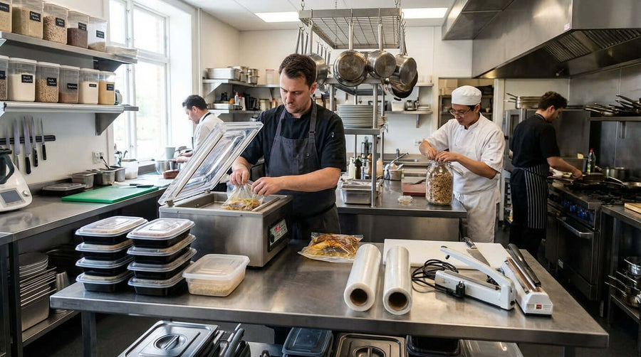 Pro Tips: Getting the Perfect, Airtight Seal Every Single Time – chef vacuum sealing food in commercial kitchen with meal prep containers