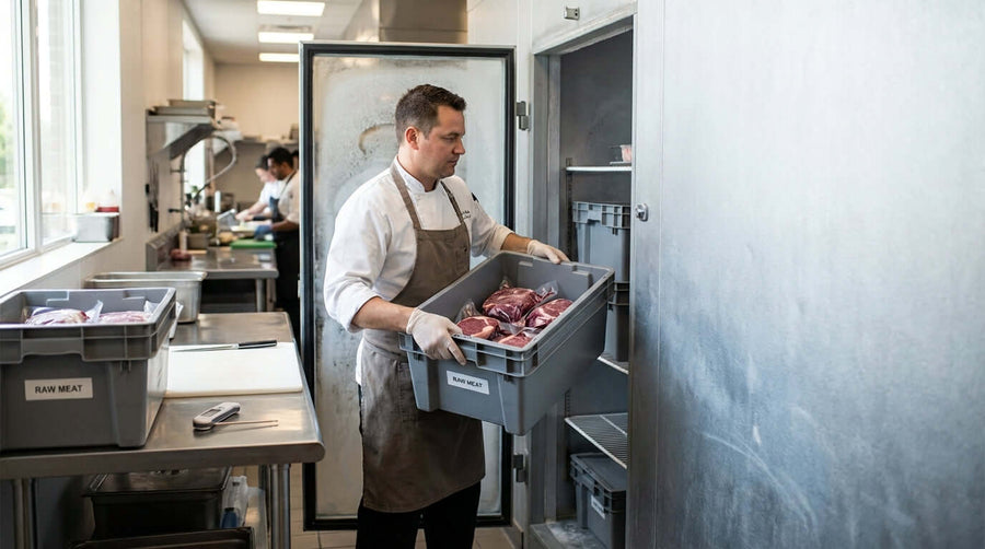 From Freezer to Prep Table: A Step-by-Step Guide to Safe Meat Transport with lug tote boxes moving raw meat from freezer to prep table