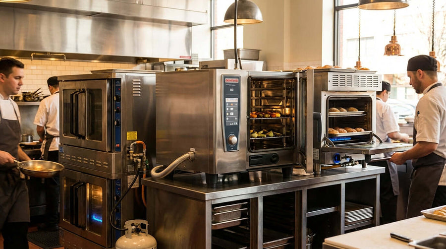 Alt Tag: Propane vs. Electric vs. Natural Gas: Choosing the Right Commercial Convection Oven in a busy restaurant kitchen with chefs