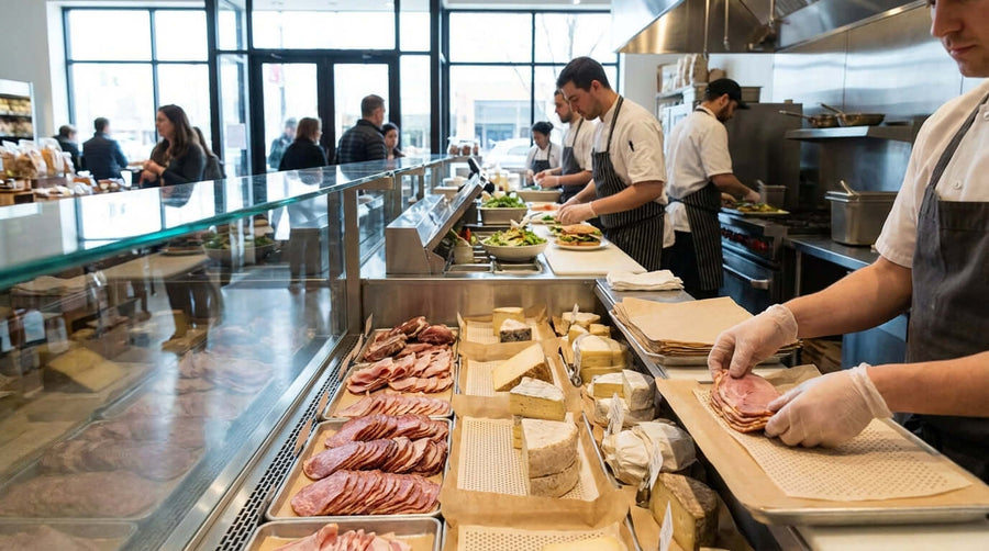 The Unsung Hero: Why Deli Case Liners are Essential for Food Safety & Appeal in a busy deli case with sliced meats, cheeses, and staff