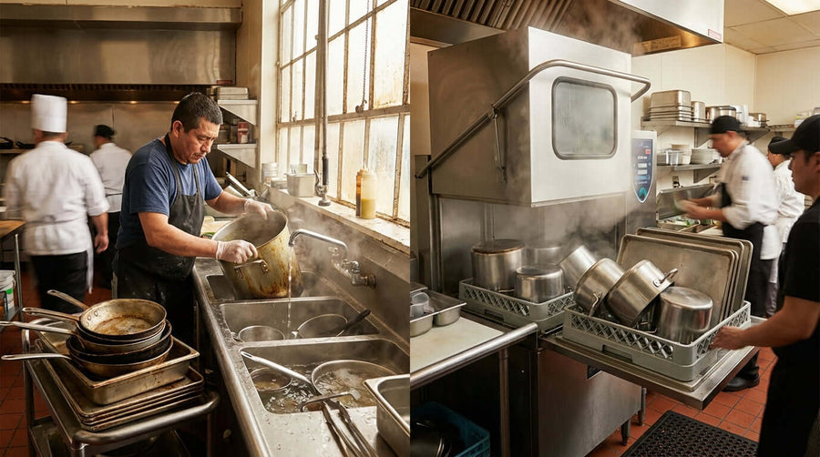 The Hidden Costs of Hand-Washing: Why Your Kitchen Needs a Pot Washer in busy restaurant kitchen with staff washing pots and commercial pot washer