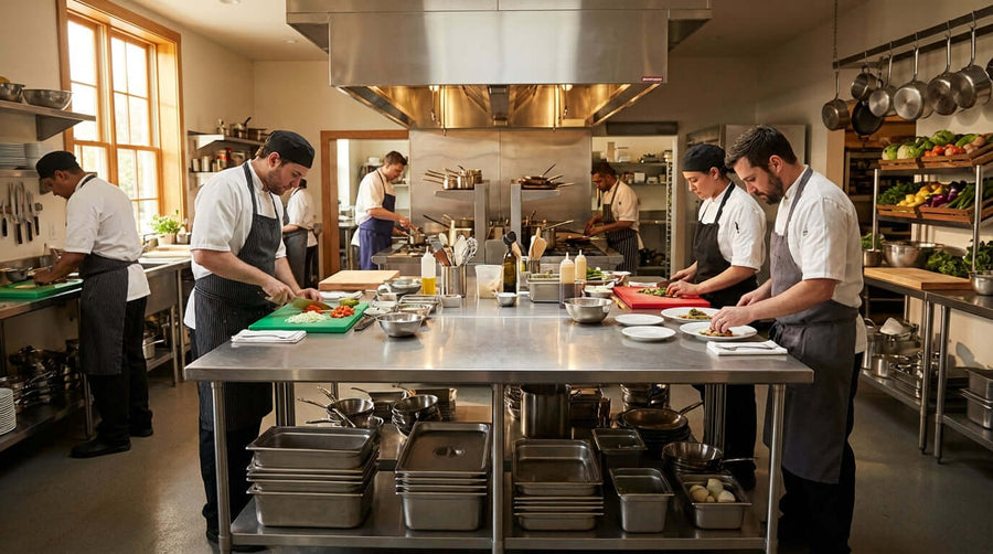 Commercial kitchen chefs prepping on stainless steel tables, demonstrating how to use stainless steel prep tables for kitchen workflow