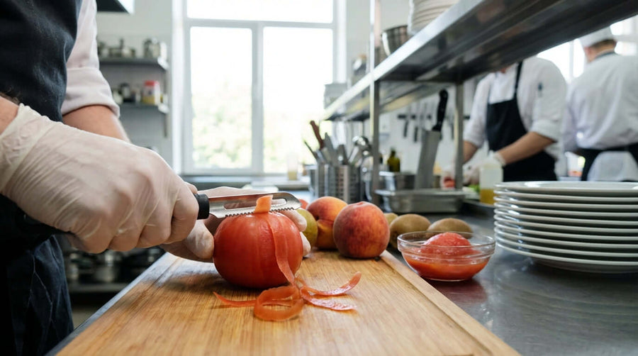 Chef peeling a tomato with serrated peeler on cutting board in professional kitchen - The Unsung Hero: Why a Serrated Peeler is a Must-Have for Soft Produce