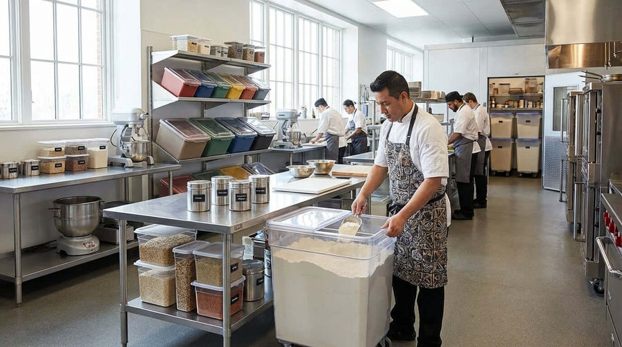 Alt Tag: The Ultimate Guide to Choosing the Right Ingredient Bin for Your Kitchen in a commercial kitchen with chef using large ingredient storage bin