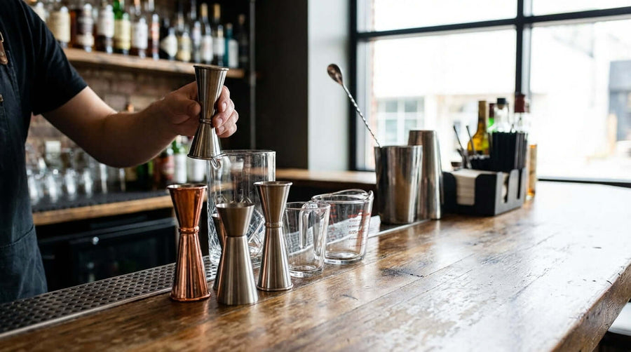 Bartender demonstrating how to choose a cocktail jigger, holding a double jigger beside various cocktail measuring tools on bar counter