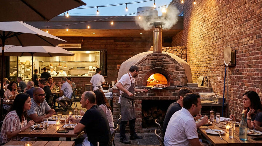 Outdoor dining patio with outdoor pizza oven for restaurant ambiance, chef tending wood-fired oven as guests enjoy evening meals