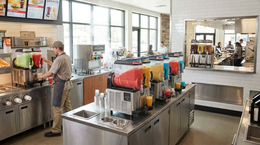 Machines à granite et granite : votre guide pour des boissons glacées rentables dans un café avec plusieurs distributeurs de boissons glacées et du personnel préparant des granités
