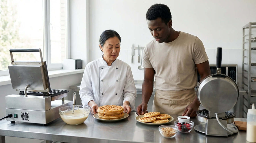 Alt Tag: Belgian vs American waffles for restaurants comparison with chefs preparing waffles in a commercial kitchen