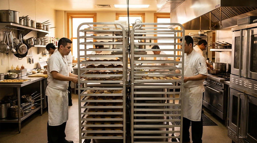 end-load vs side-load pan rack for commercial kitchen with chefs using a wheeled pan rack in a busy kitchen