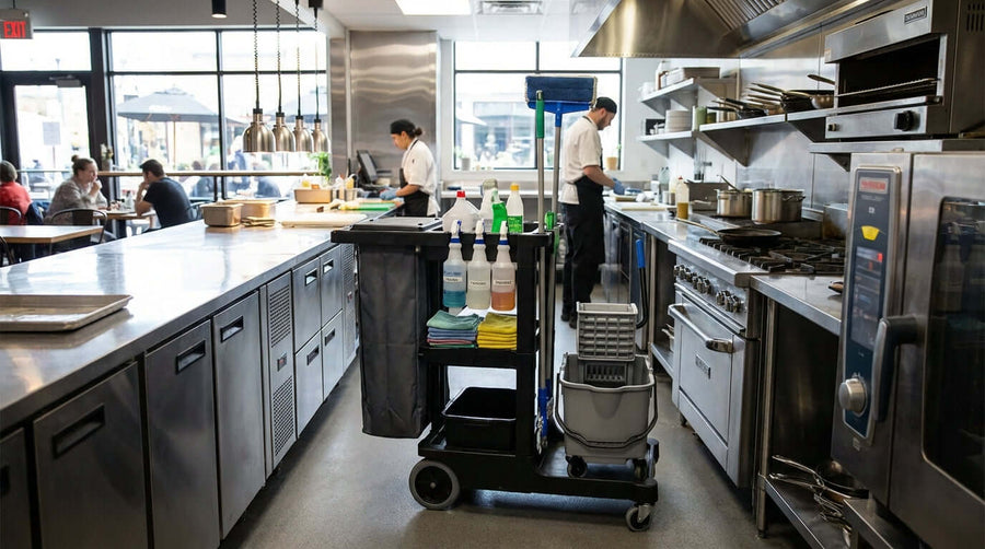 Alt Tag: 5 Essential Maintenance Tips to Extend the Life of Your Cleaning Carts shown on a cleaning cart in a busy commercial kitchen