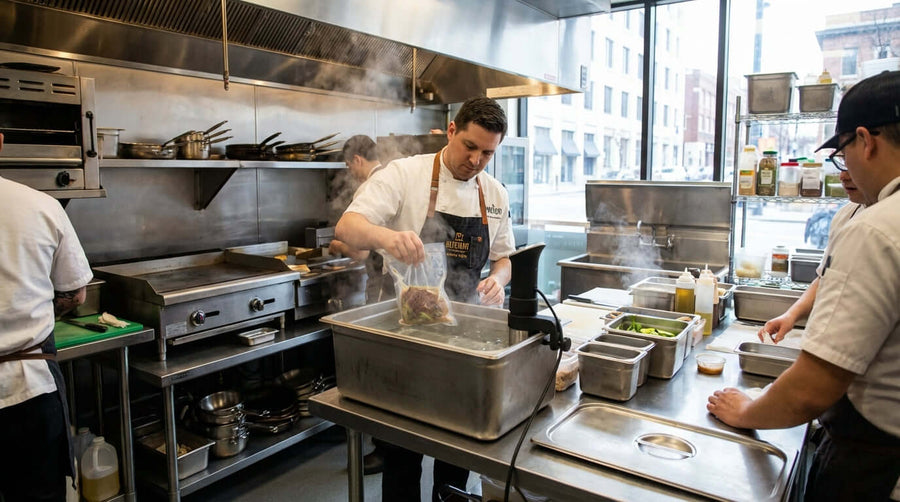 Alt Tag: A Chefs Guide: Integrating Sous Vide into a Busy Commercial Kitchen Workflow sous vide prep in busy restaurant kitchen