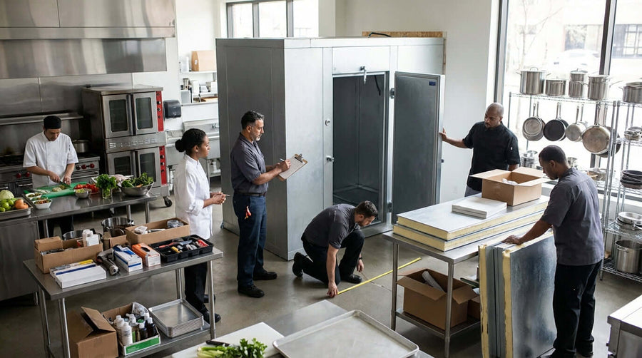 Technicians measuring and assembling a walk-in cooler in a commercial kitchen, following walk-in refrigerator installation checklist