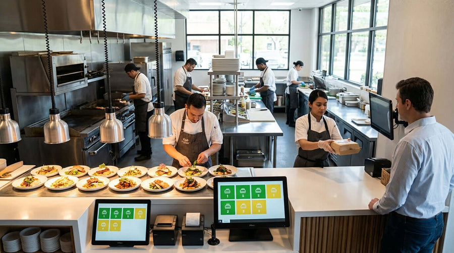The ROI of Order: Calculating the Business Value of a Queue Management System in restaurant kitchen with digital queue screens and staff