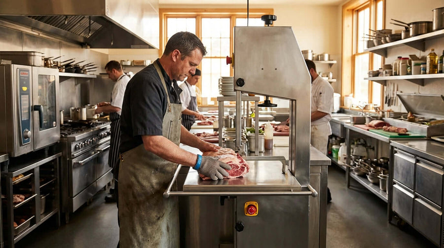 5 Key Safety Features to Look for in a Commercial Meat Band Saw in use by butcher with gloves at floor model band saw in commercial kitchen