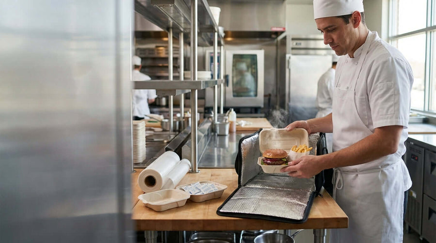 Chef packing burger and fries into insulated delivery bag, demonstrating moisture control in insulated delivery bags to prevent soggy food