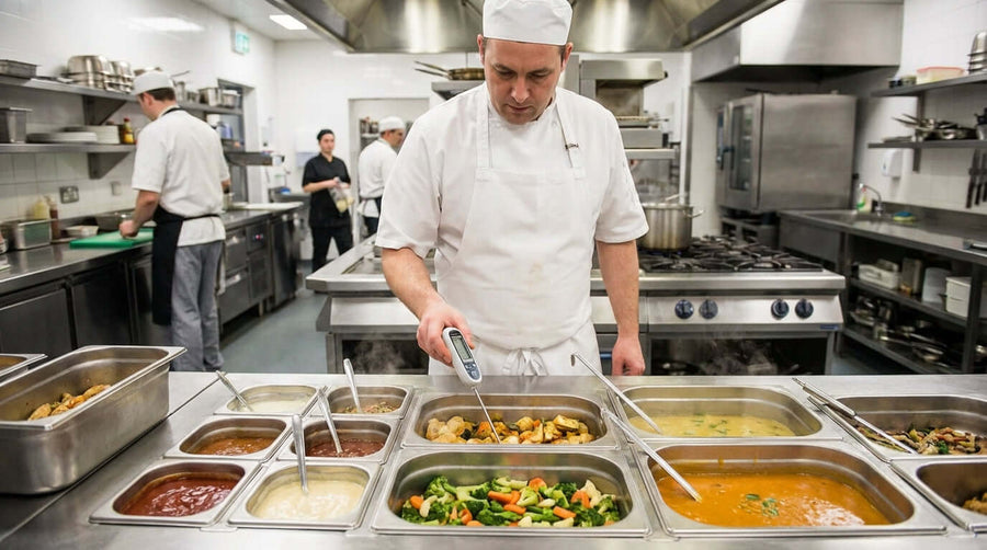 Alt Tag: Maximizing Food Safety: How to Set the Perfect Bain Marie Temperature in a commercial kitchen chef checking hot holding food pans