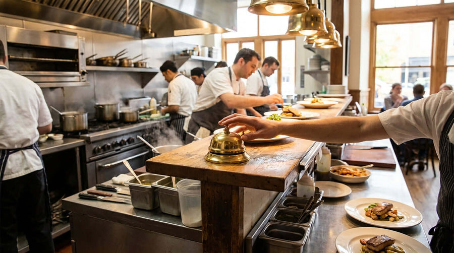 The Ring of Success: Choosing the Right Service Bell for Your Business service bell on restaurant counter with kitchen staff and plated dishes