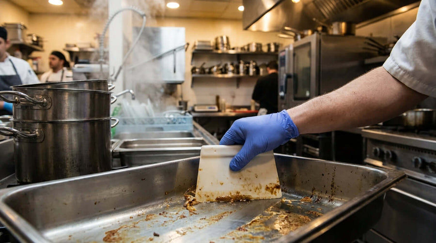 How the Humble Pan Scraper is Your First Line of Defense in Kitchen Hygiene — cook scraping baked-on residue from commercial pan