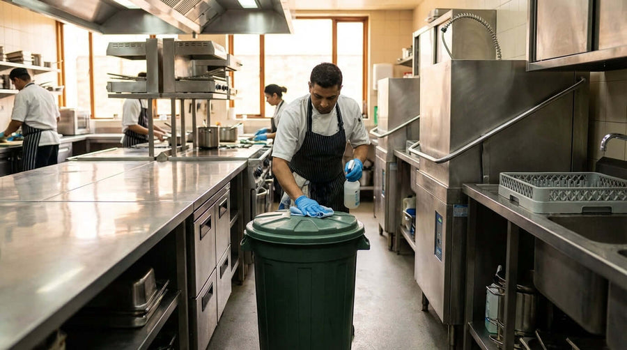 Alt Tag: Beyond the Bin: 5 Sanitation Best Practices for Your Commercial Waste Containers, worker sanitizing commercial trash bin in restaurant kitchen