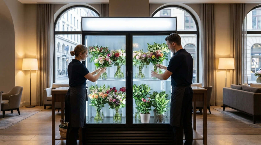 commercial floral coolers for hotels and grocery stores in hotel lobby with staff arranging fresh flower bouquets