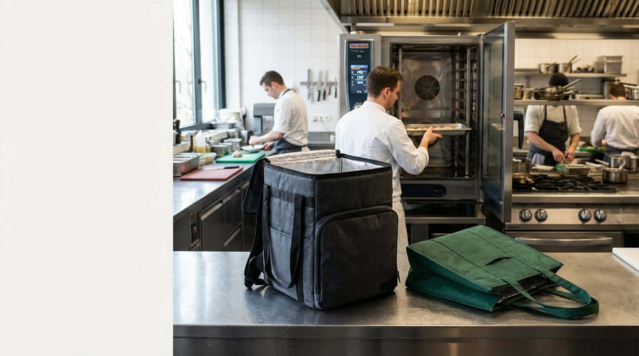 Alt Tag: Kitchen staff prep orders with insulated delivery bags for fleets, comparing backpack and tote insulated bags for food delivery