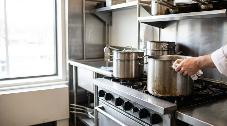 5 Pro Tips to Clean and Maintain Your Stock Pots for a Lifetime of Use – chef cleaning stainless steel stock pot on commercial stove
