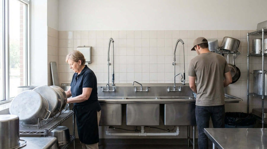Alt Tag: Staff wash cookware at stainless four-compartment sink in commercial kitchen to choose a four-compartment sink for a commercial kitchen