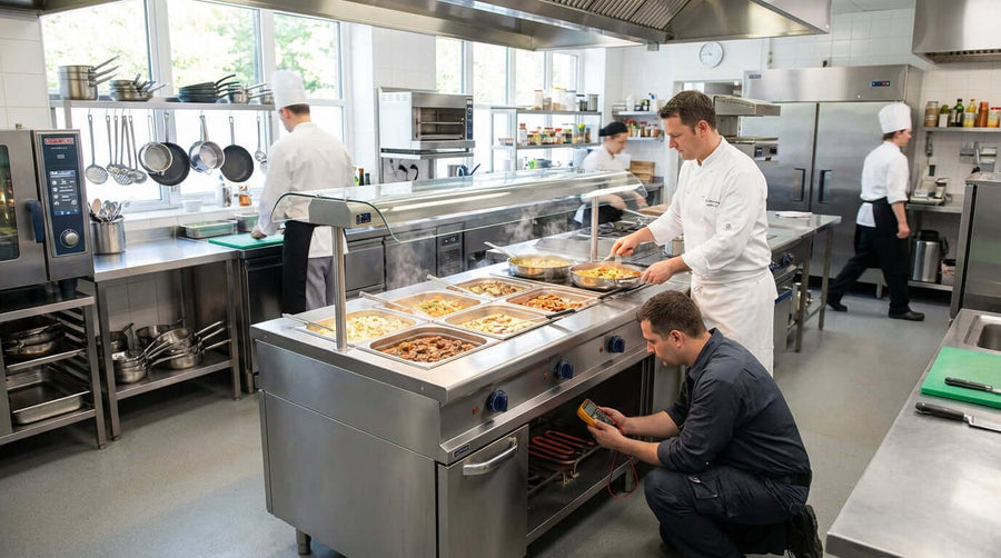 Common Electric Steam Table Problems and How to Fix Them in commercial kitchen: chef and technician troubleshooting buffet steam table