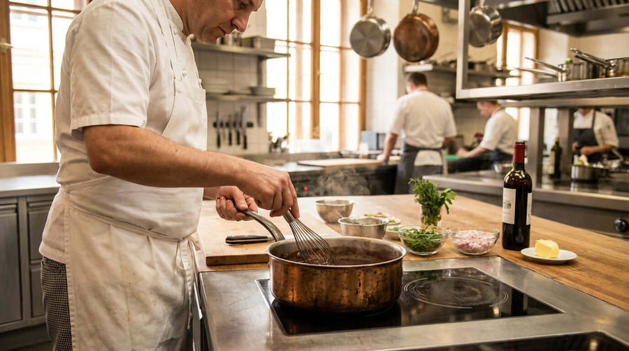 Chef whisking sauce reduction with a tapered pan in a professional kitchen, simmering and thickening sauce on stovetop