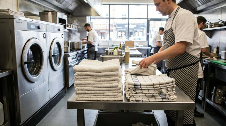 How to Properly Launder and Care for Your Kitchen Towels and Bar Mops in a commercial kitchen laundry area with folded towels