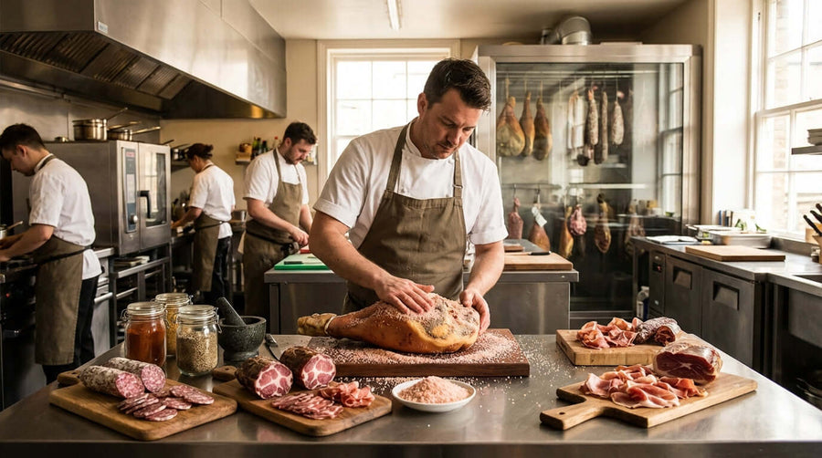 How to Build a Profitable Charcuterie Program with Curing Salts chef preparing cured meats in commercial kitchen charcuterie program setup