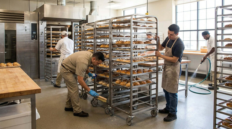 5 Essential Maintenance Tips to Keep Your Bakery Racks Rolling Smoothly: bakers cleaning and inspecting rolling bun racks in commercial kitchen