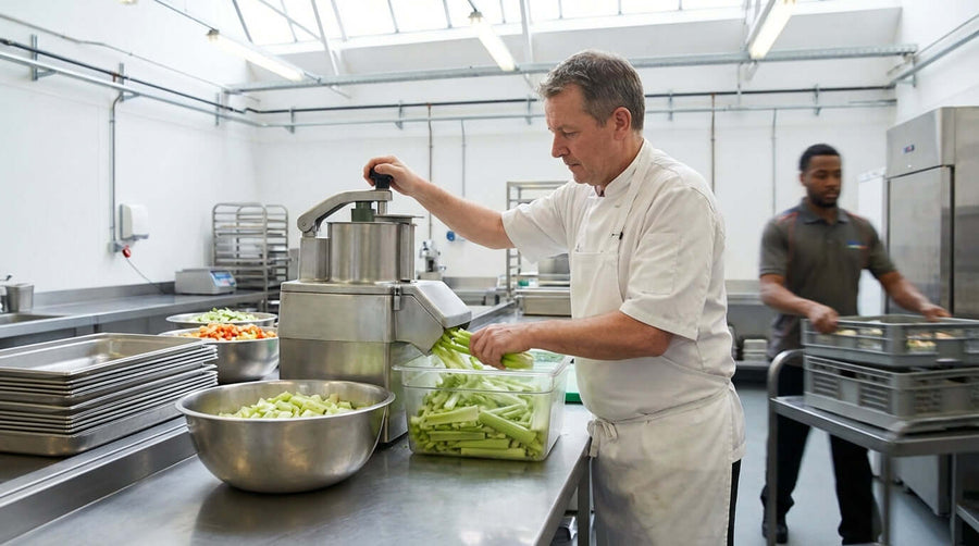 Chef using food processor for high-volume food prep tasks with a food processor in commercial kitchen, slicing celery into large bowl