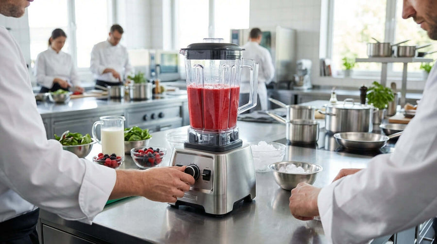 Alt Tag: The Ultimate Guide to Choosing a Commercial Blender - chefs using a commercial blender in a professional kitchen for smoothies and sauces