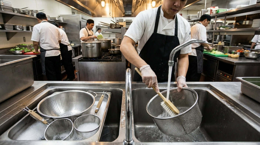 Alt Tag: how to sanitize commercial kitchen strainers by scrubbing and rinsing a large mesh strainer in a busy restaurant sink