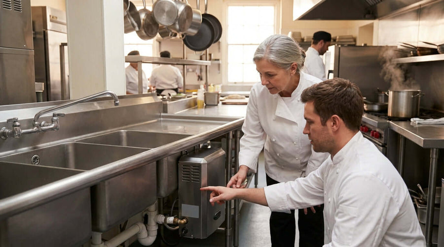 Alt Tag: Chef inspects NSF compliant sink heater installation under commercial kitchen sink to meet NSF standards and ensure safe hot water
