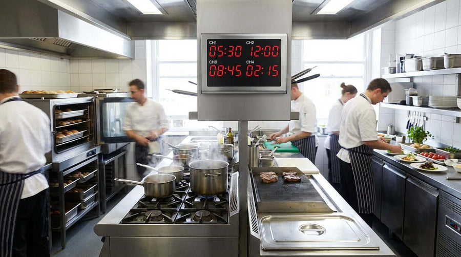 Alt Tag: 5 Ways a Multi-Channel Timer Can Revolutionize Your Kitchen Workflow shown on digital multi-channel timer in busy commercial kitchen line