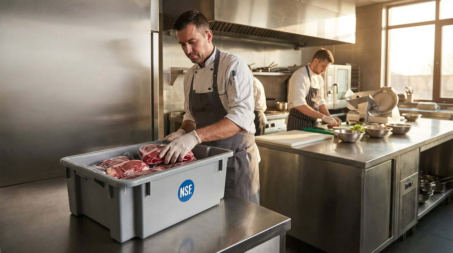 Alt Tag: Chef uses NSF certified meat lug totes to handle raw meat safely in a commercial kitchen prep area