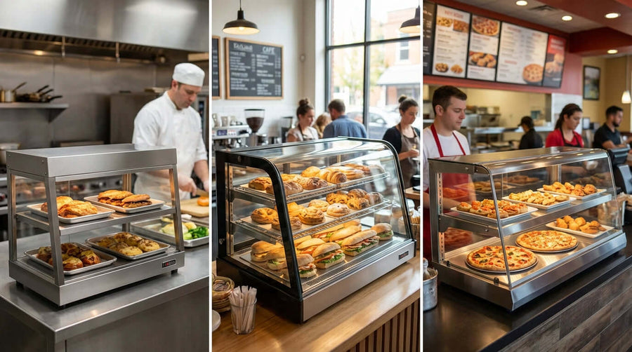 Alt Tag: countertop heated merchandiser placement strategies in busy cafe counter display with hot pastries and pizza in heated cases