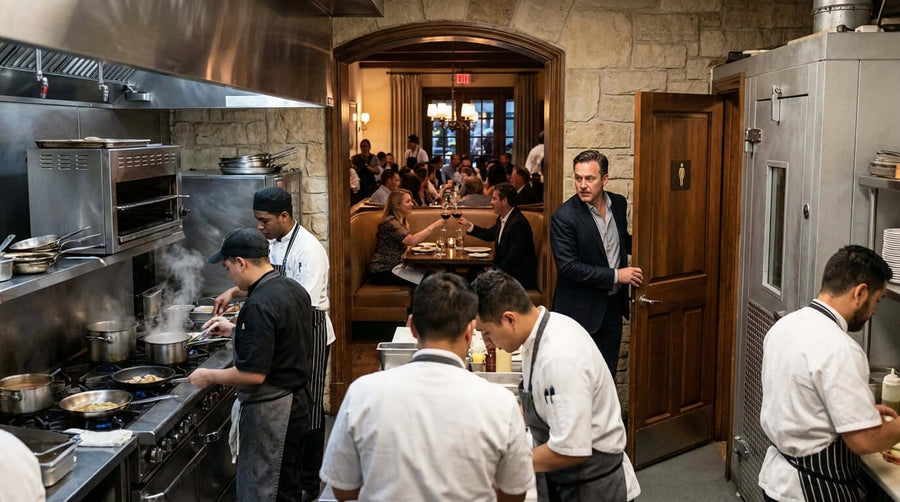 Restaurant kitchen staff cooking near dining room, illustrating how restroom odor affects restaurant reputation