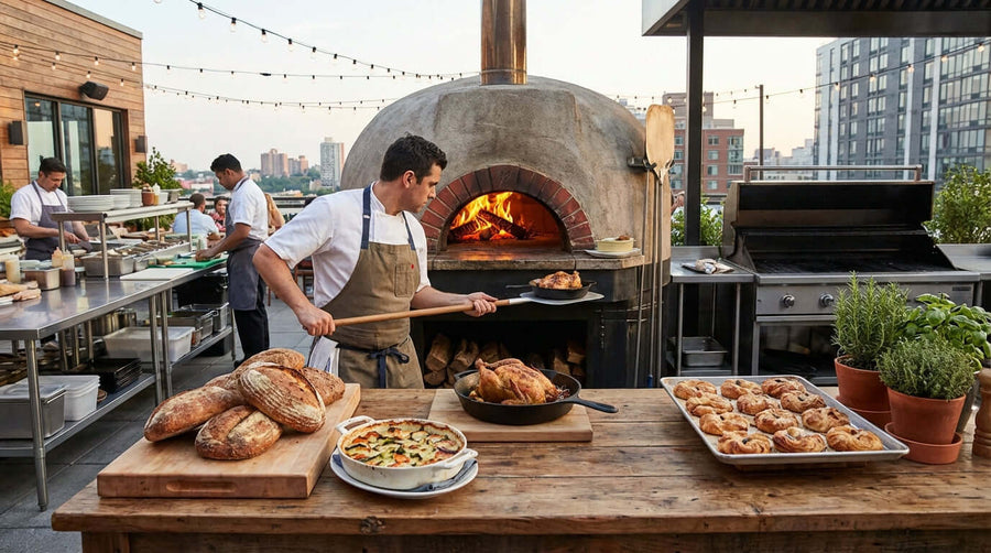 Chef cooking in outdoor oven with breads and roasted chicken, showcasing outdoor pizza oven recipes beyond pizza